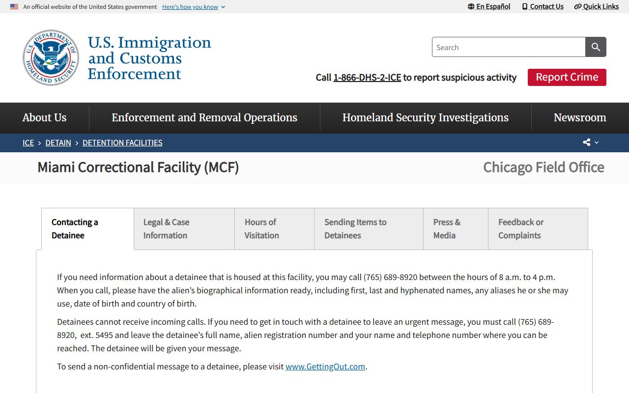 ICE Miami Correctional Facility detainee custody information